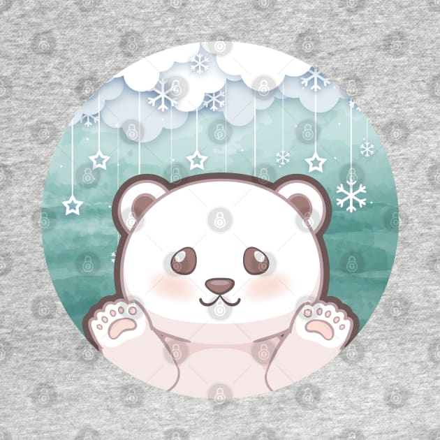 Cute cub polar bear say hi character design with snowflake background. Vector illustration by tomodaging